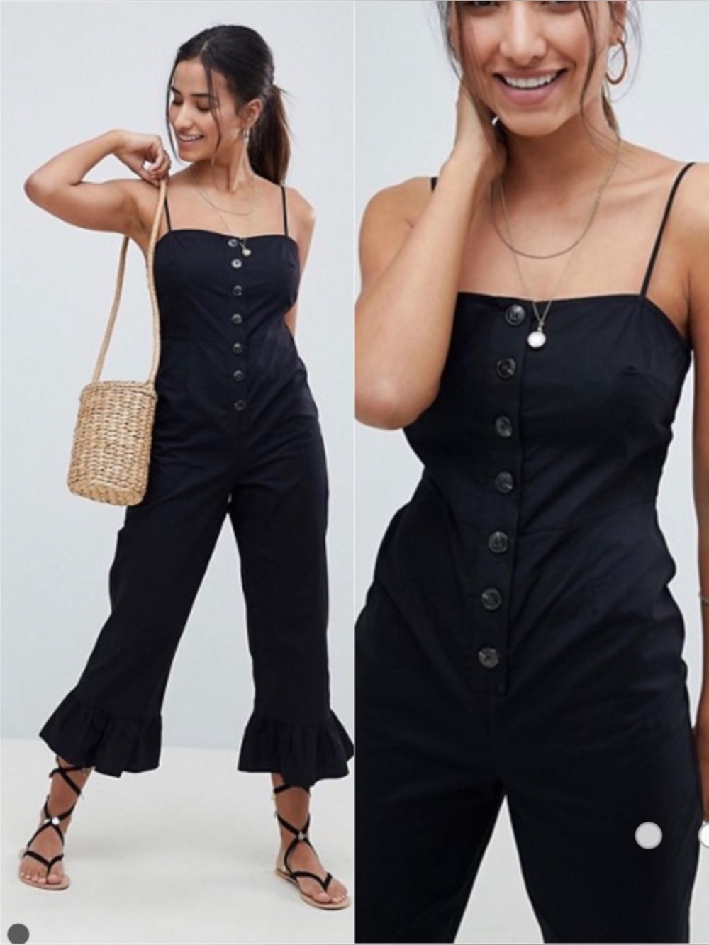 ASOS Black Jumpsuit with Ruffle Hem and Buttons, size 6